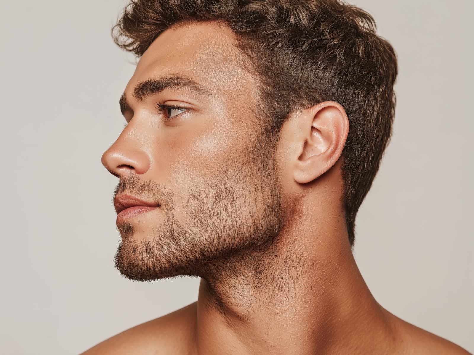A man in profile, the line of the jaw, beard and neck evenly lit, against a soft neutral ground